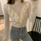 Long-sleeve Turtleneck Frill Trim Lace Top