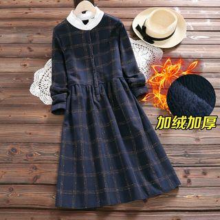 Fleece-lined Plaid A-line Midi Dress