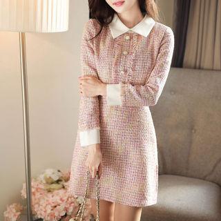 Contrast-collar Fringe-trim Tweed Dress