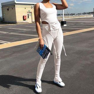 Set: Plain Side-slit Tank Top + Plain High-waist Skinny Pants