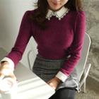 Contrast-collar Puff-shoulder Knit Blouse