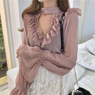 Frilled V-neck Halter Long-sleeve Chiffon Blouse