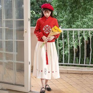 Set: Long-sleeve Mandarin Collar Embroidered Blouse + Midi A-line Skirt