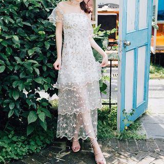 Short-sleeve Sheer Panel Maxi Sun Dress