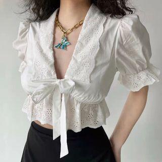 Short-sleeve Eyelet Lace Bow Crop Top