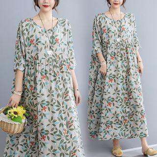 Elbow-sleeve Floral Midi A-line Dress Red & Green Floral - Light Gray - One Size