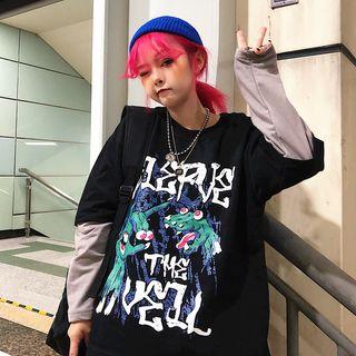 Elbow-sleeve Graphic Print T-shirt Black - One Size