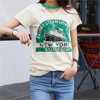 Short-sleeve Cutout Printed T-shirt