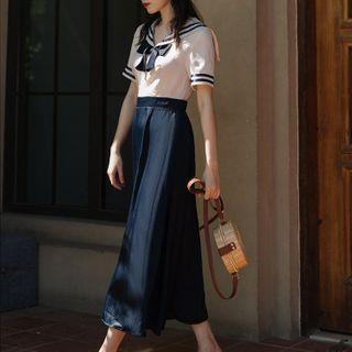 Sailor Collar Short-sleeve Maxi A-line Dress