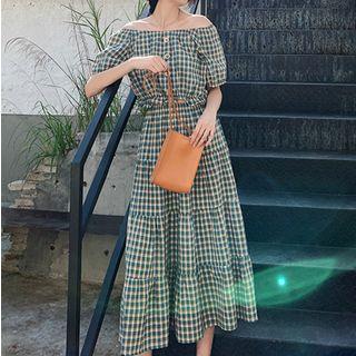 Set Of 2 : Plaid Crop Top + High-waist Maxi Skirt