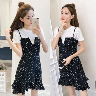 Set: Short-sleeve T-shirt + Polka Dot Strappy Dress