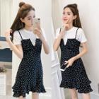 Set: Short-sleeve T-shirt + Polka Dot Strappy Dress