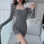Square-neck Checkerboard Mini Bodycon Dress