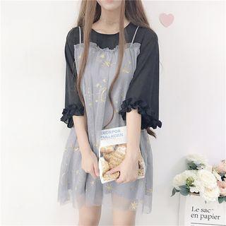 3/4-sleeve Star Embroidered Mock Two-piece Dress As Shown In Figure - One Size
