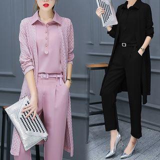 Set: Chiffon Sleeveless Blouse + Cropped Pants + Open-front Long Jacket