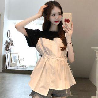 Mock Two-piece Short-sleeve Asymmetrical Drawstring Top