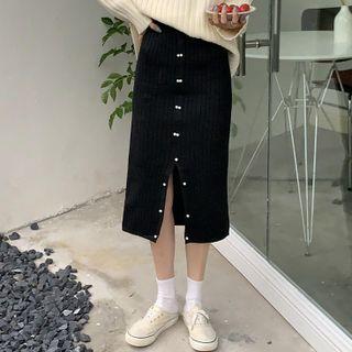 Beaded Slit Knit Midi Pencil Skirt