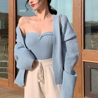 Cardigan / Knit Tube Top / Wide-leg Pants