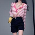 Striped Long-sleeve Henley / High Waist Denim Shorts