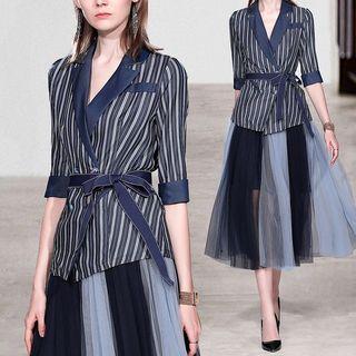 Set: Striped Blazer + Midi Mesh Skirt