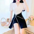 Set: Short-sleeve Two-tone Mini A-line Dress + Shorts
