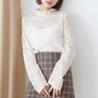 Long-sleeve Mock-neck Lace Top 22 - Almond - One Size