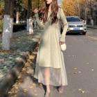 Mesh Overlay Midi A-line Knit Dress