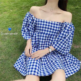 Square-neck Plaid A-line Mini Dress Blue - One Size