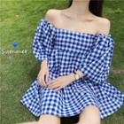 Square-neck Plaid A-line Mini Dress Blue - One Size