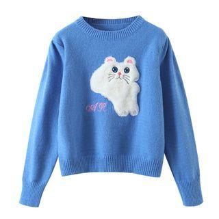Cat Applique Sweater Blue - One Size