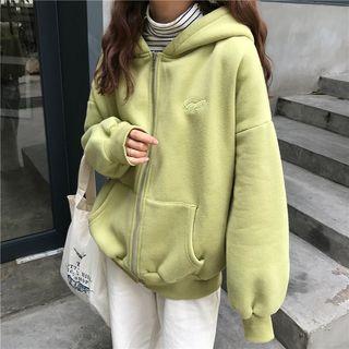 Embroidered Plain Hooded Zip Jacket