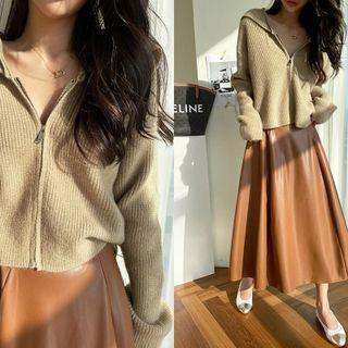 Sailor-collar Zip-up Ribbed Cardigan