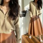 Sailor-collar Zip-up Ribbed Cardigan