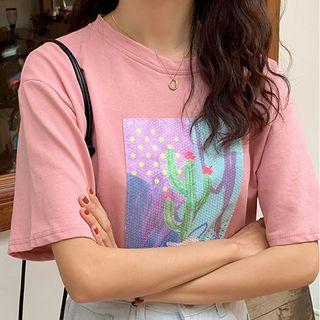 Sequined Cactus Printed Short-sleeve Tee