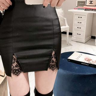 Lace-trim Faux-leather Mini Skirt