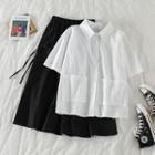 Plain Short-sleeve Double-pocket Shirt / Midi A-line Skirt