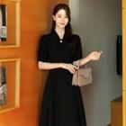 Puff-sleeve Button-detail A-line Dress