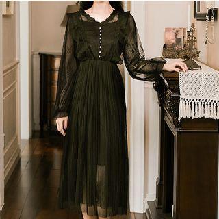 Balloon-sleeve Ruffled Midi A-line Lace Dress