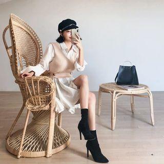 Set: Ribbed Knit Vest + Half-placket Shirtdress