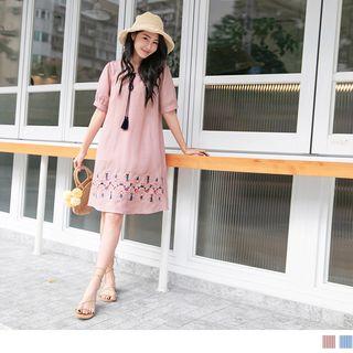 Short Sleeve Striped Embroidered A-line Dress
