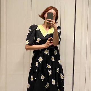 Contrast-collar Maxi Floral Dress