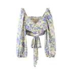 Long-sleeve Floral Print Tie-waist Crop Top