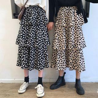 Print Tiered Midi Skirt