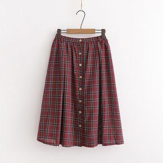Single-breasted Plaid Midi Skirt