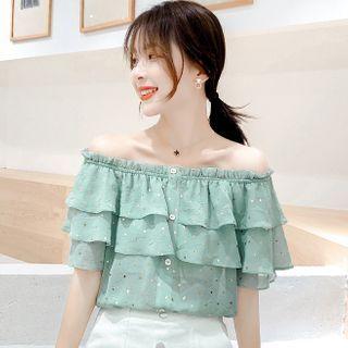 Elbow-sleeve Floral Print Ruffle Blouse