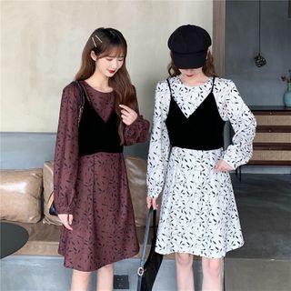 Set: Long-sleeve Leaf Print A-line Dress + Camisole Top