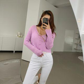 V-neck Rib-knit Crop Cardigan