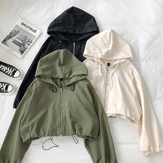 Plain Zip Hooded Long-sleeve Jacket