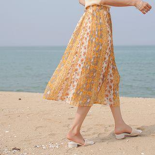 Crystal-pleat Contrast-floral Long Skirt