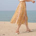 Crystal-pleat Contrast-floral Long Skirt